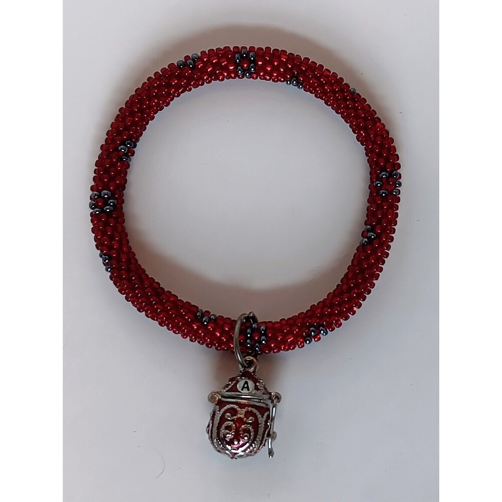 Hand Crocheted Red & Silver Seed Bead Bracelet Enamel Initial A Prayer Box Charm